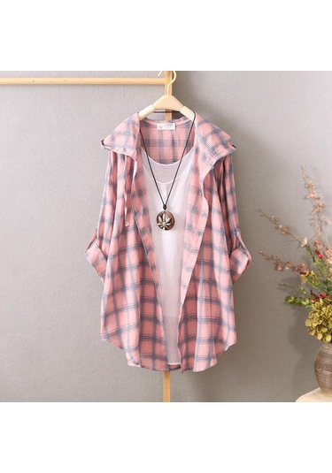 Pembe Güneş Koruyucu Gömlekler Kadın Kapşonlu Ekose Uzun Kollu Bol Üstler İnce Paltolar Hırkalar Pembe Pembe Güneş Koruyucu Gömlekler Kadın Kapşonlu Ekose Uzun Kollu Bol Üstler İnce Paltolar Hırkalar Pembe