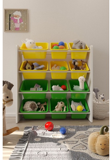 12 Sepetli Çok Amaçlı Oyuncak Dolabı Montessori Dolap Sarı-yeşil Sarı - Yeşil