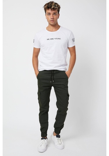 Erkek Su Yeşili Renk Jogger Paçası Beli Lastikli Pantolon Haki