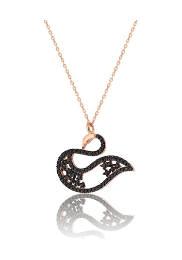 Zanaatsilver 925 ayar Gümüş Siyah taşlı Rose kaplama Kuğu kolye