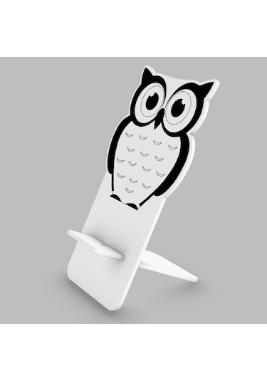 1 Fark - Ahşap Masaüstü Figürlü Telefon Standı -  Baykuş - Beyaz