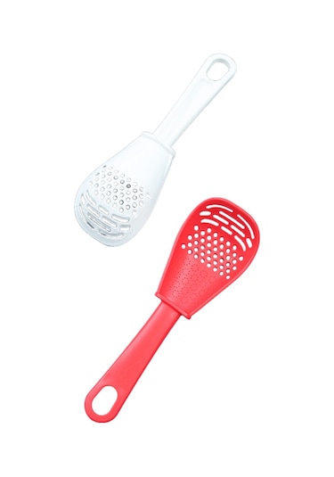 Youmex 2'li Mutfak Çok İşlevli Kaşık Seti: Yumurta Ayırıcı, Ezici, Süzgeç, Wisk Ve Rendeleyici - Kırmızı Ve Beyaz Abs Plastik Beyaz - Kırmızı