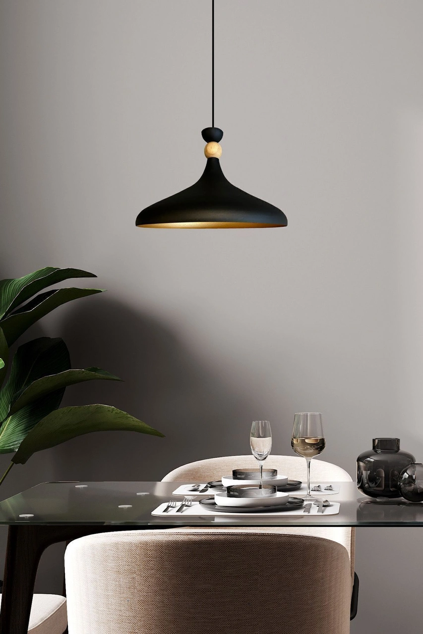 Champion Siyah Ahşap Şapka Tekli Avize Sarkıt Salon Mutfak Cafe Butik Lamba Aydınlatma Avizeler Siyah