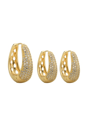 Gold Taşlı Üçlü Halka Küpe Altın