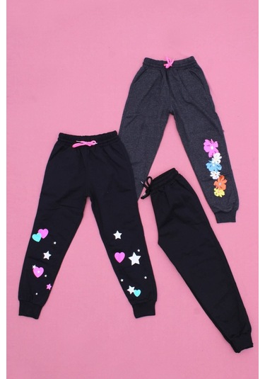 Fyk Kids 3'lü Karışık Desenli, Yüksek Bel Detaylı Kız Çocuk Eşofman Altı Siyah - Antrasit