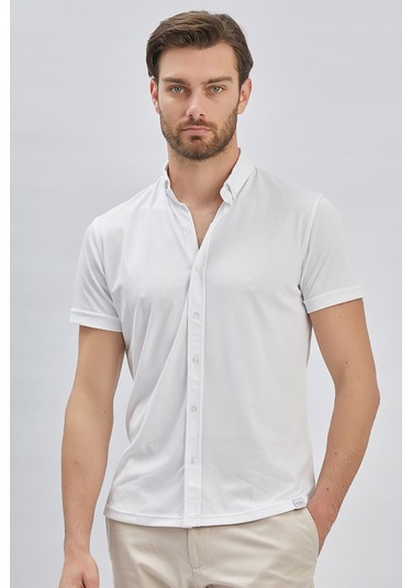 Imza Beyaz Desenli Oxford Polo Yaka Cepli Casual Slim Fit Dar Kesim Tişört 1011240178-Beyaz