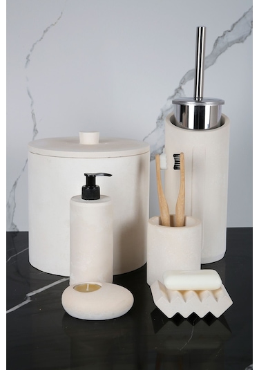 Betonmall 8 Parça Banyo Seti Sıvı Katı Sabunluk Diş Fırçalık Çöp Kovası Mumluk Tuvalet Fırçası - Krem Krem