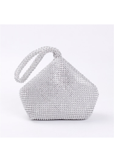 Dofolink Gümüş Büyük Taşlı Gece Çantası - El Kayışıyla Düğün, Parti Ve Özel Etkinlikler İçin Trihedral Şapka Kapanmalı Parlak Clutch GÜMÜŞ