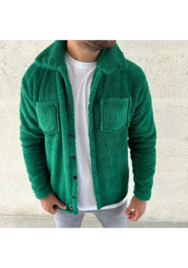 Erkek Pelüş Polar Hırka Gömlek Yakalı, İlik Düğmeli, Göğüs Cepli, Yumuşak Dokulu Kışlık Regular Fi Çimen Yeşili