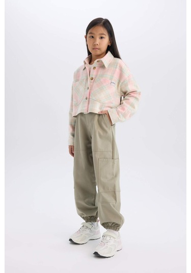 DeFacto Kız Çocuk Kargo Cepli Beli ve Paçası Lastikli Pamuklu Paraşüt Pantolon C8843A824AUGN497 Yeşil