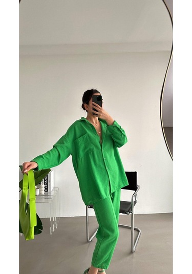 Kadın Oversize Keten Gömlek Pantolon Alt Üst Takım Yeşil