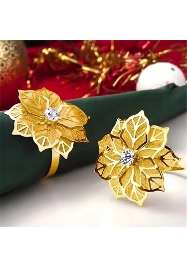 Trendooze Sunshine022 2 Adet Altın Çiçek Metal Peçetelik Yüzük, Düğün Dekorasyonu Altın