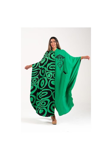 Kadın Yeşil Sıfır Yaka Desen Garnili Nakışlı Cepli Oversize Uzun Elbise - Yesıl