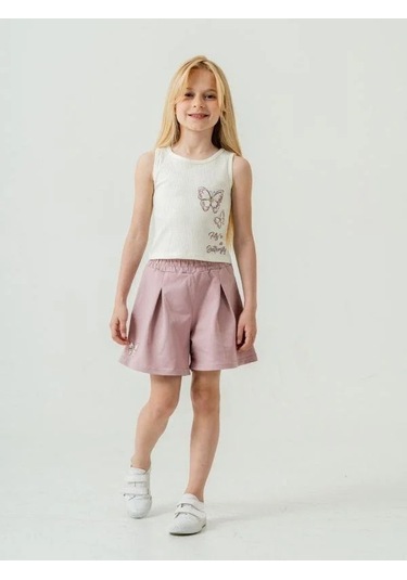 Kız Çocuk Pamuklu Pileli Kelebek Baskılı Şortlu Takım-15889 Çok Renkli