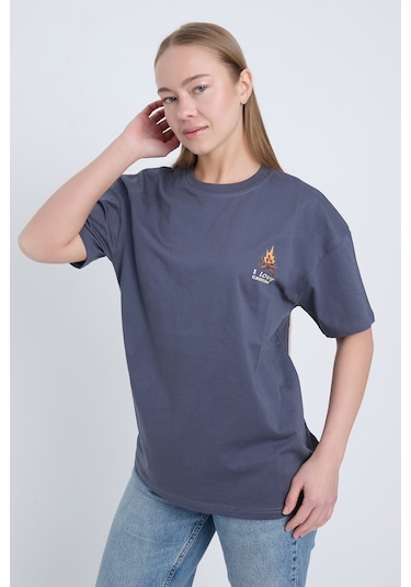 Velvoria Unisex Oversize I Love Camp Baskılı Antrasit Renk T-shirt