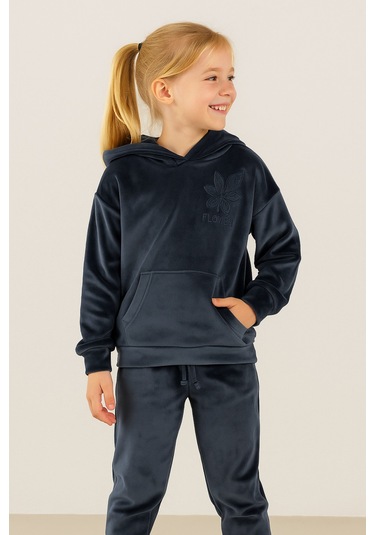 5-14 Yaş Flower Kadife Kız Çocuk Takımı İndigo Mavi İndigo Mavi