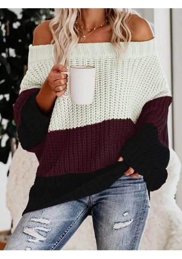 Kadın Uzun Kollu Madonna Yaka Çizgi Desenli Salaş Triko Antrasit Melanj