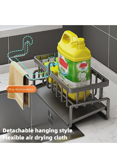 Gri 1 Adet Kendinden Boşaltmalı Lavabo Rafı Paslanmaz Çelik Mutfak Lavabo Drenajı Raf Sabun Sünger Tutucu Mutfak Lavabo Organizatör