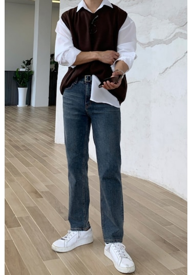 Erkek V Yaka Oversize Süveter Kahverengi