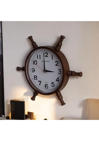 Nostaljik Eskitme Ahşap Gemici Dümen Duvar Saati Çap 35 Cm Eskitme