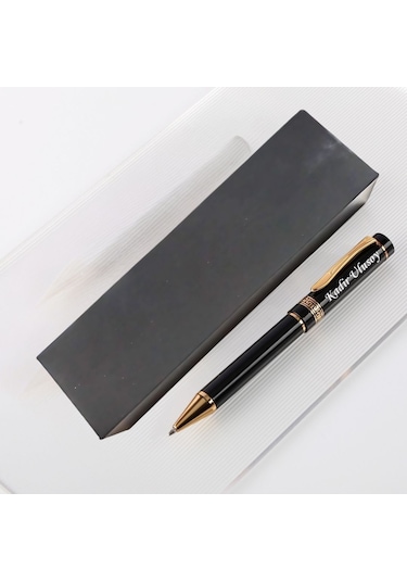 Kişiye Özel İsim Yazılı Lüks Tükenmez Kalem Siyah Gold Kutulu Hediye Kalem Siyah