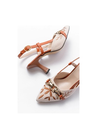 K-250 Taba Keten Günlük Arkası Açık Tokalı Topuklu Kadın Ayakkabı Taba