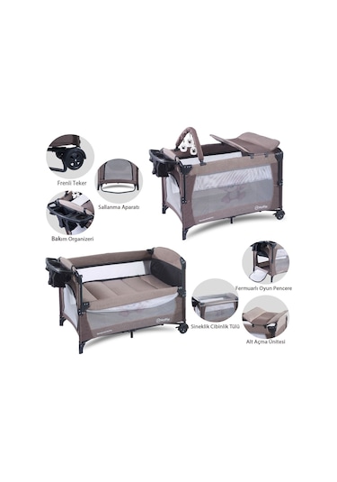 Sleep Side Play Anne Yanı Park Yatak Sallanır Cibinlikli Oyun Parkı Bebek Beşik 70x110 Cm Yataksız Kahverengi