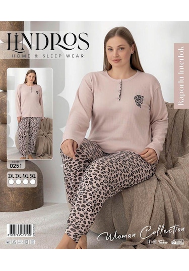 Lindros Kadın Pamuk'lu Düğme Yaka Raporlu İnterlok Kışlık Battal Pijama Takımı 0251 - 1 Adet Bej