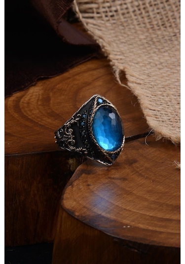 Vog Gravür Taşlı Oval Aquamarin 925 Ayar Erkek Gümüş Yüzük