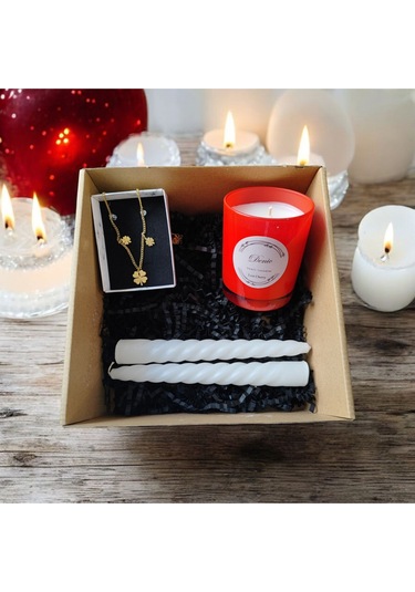 Denic Hediye Seti Kokulu Kırmızı Bardak Mum Yonca Kolye  Beyaz Burgulu Mum