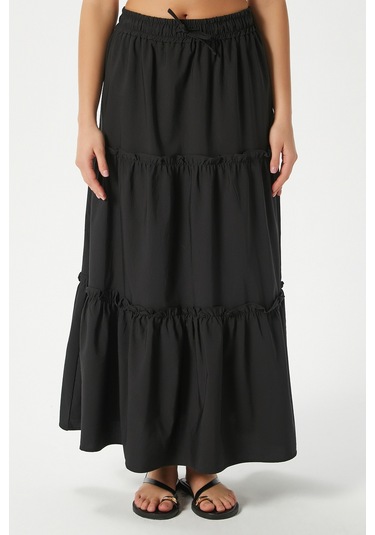 Kadın Elanora Siyah Astarlı Katlı Poplin Etek Siyah