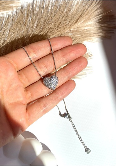 Gümüş / Silver Renk Zirkon Taşlı Kalp Figürlü 316l Çelik Kolye
