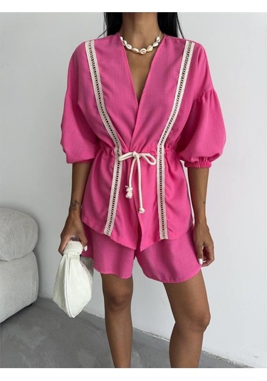 Sensuelle Keten Bel Büzgülü Bluz-pantolon Takım - Fuşya Fuşya