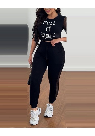 Modaserdem Kadın Kısa Kollu Bisiklet Yaka File Detaylı Viskon Iki Iplik Krop Ve Eşofman Altı Ikili Takım Siyah