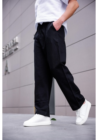 Keten Baggy Siyah Renk Erkek Pantolon-1763 Siyah