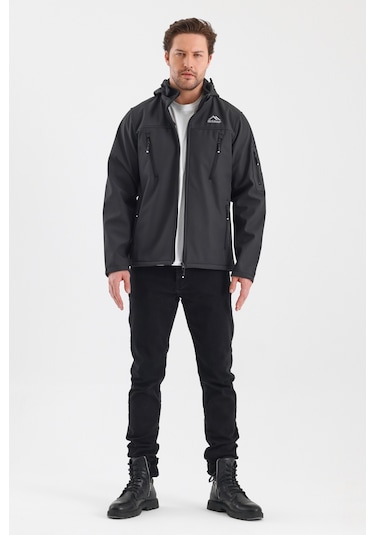 Çıkartılabilen Fermuarlı Kapüşon Cepli İçi Polarlı Su Geçirmez Softshell Erkek Mont Gri Gri