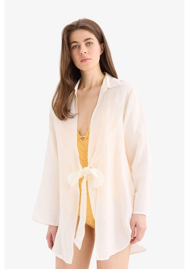 DeFacto Müslin Önden Bağlamalı Plaj Gömleği-Fall in Love B7333AX25SMWT16 Beyaz