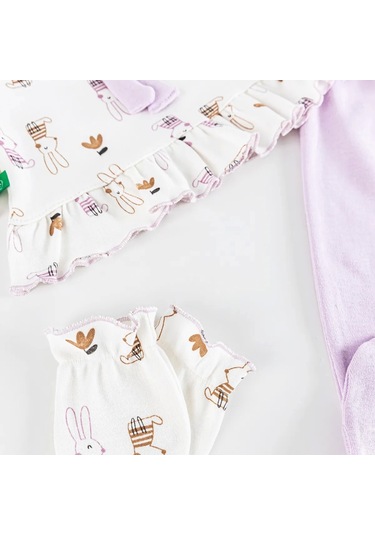 Tavşan Detaylı Fiyonklu 5 Parça %100 Pamuk Kız Bebek Hastane Çıkışı Lila