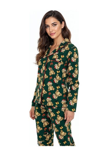 Luxury Soft Yeşil Yılbaşı Ayıcık Desenli Uzun Kollu Kadın Pijama Takımı 3065 Haki