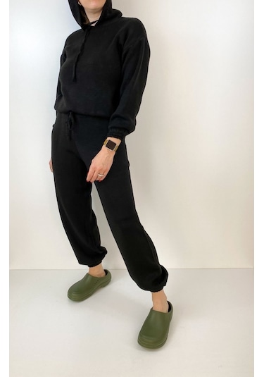 Modaonna Kadın Siyah Triko Bluz Jogger Pantolon Takım Siyah