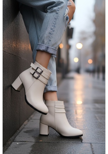 Kadın Hermina Çift Tokalı Kısa Bot Bej Deri