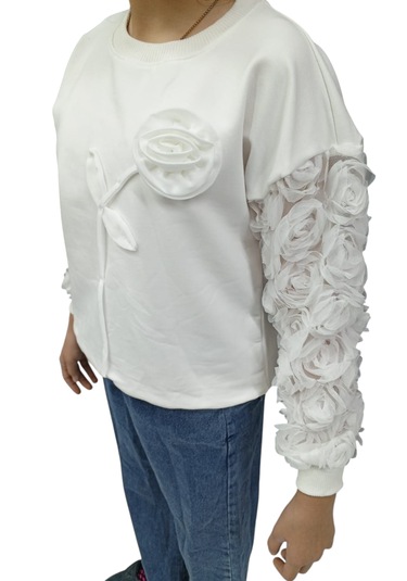 Kız Çocuk Tül Kollu Gül Detaylı Sweatshirt Ve Bol Paça Kot Pantolon Takımı Beyaz