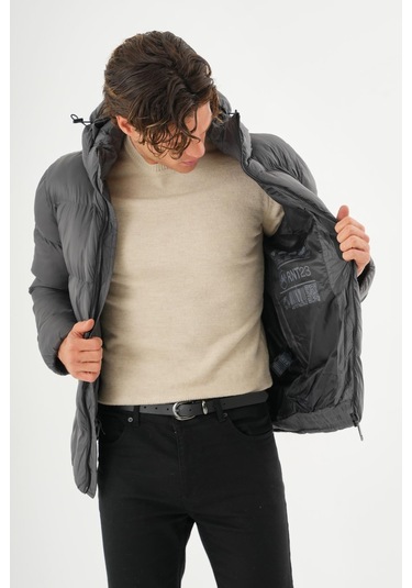 Erkek Kapüşonlu Fermuarlı Cepli Kışlık Şişme Kısa Mont Antrasit