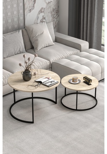 Orta Sehpa Bade İkili Lüx Yan Sehpa Masa Traverten Bej