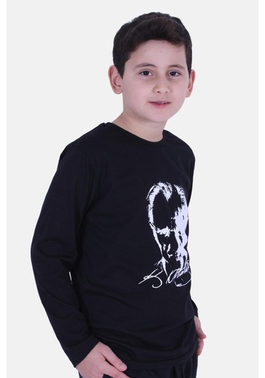 Ay Yıldız Uzun Kol Baskılı Atatürk Imzalı Unisex Çocuk T-shırt Siyah