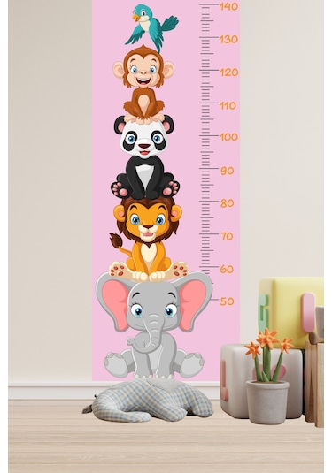 Sevimli Safari Hayvanları Boy Ölçüm Cetveli Boy Ölçer Sticker Pembe