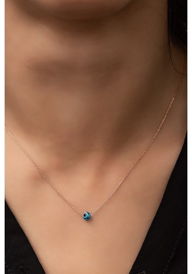 Nazar Göz Küçük Top Kolye 925 Ayar Rose Altın Kaplama Gümüş Zincirli Uvps100102