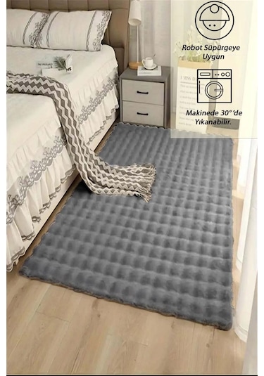 Raschel Carpet Koyu Gri Yumuşak Bubble Kaymaz Özel Taban Peluş Halı Yolluk