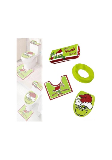 Qingmipy Grinch Noel Banyo Seti - 4 Parça Tuvalet Kapağı, Koltuk Pedi Ve Halı Yeşil Noel Dekoru