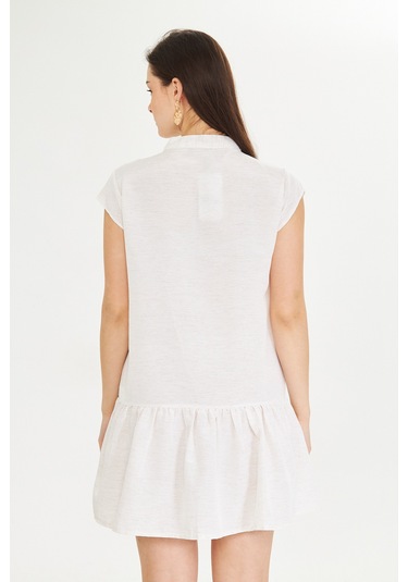 Ekru Keten Mini Elbise Beyaz